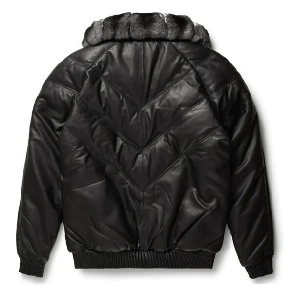Mens Black V-Bomber Full Fux Collar Leather Jacket - Image 2