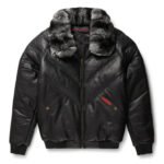 Mens Black V-Bomber Full Fux Collar Leather Jacket