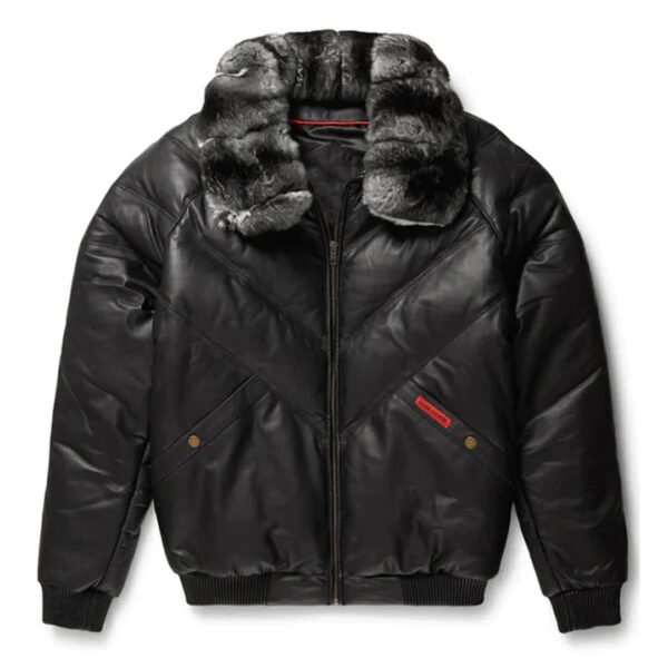 Mens Black V-Bomber Full Fux Collar Leather Jacket