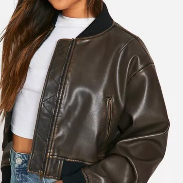 Women's Faux Leather Oversized Cropped Bomber Jacket - Image 3