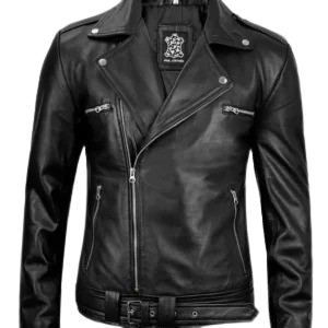 Black zip-up moto leather jacket