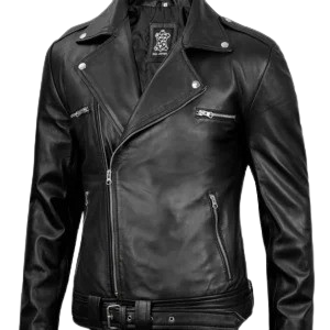 Black zip-up moto leather jacket