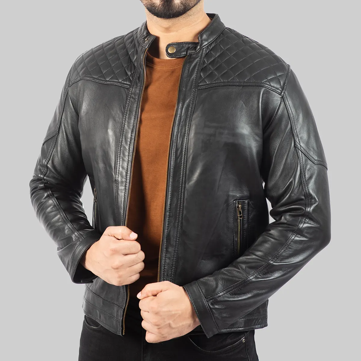 Quilted Black Leather Biker Jacket