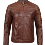 Cognac Brown Cafe Racer Leather Jacket for Men