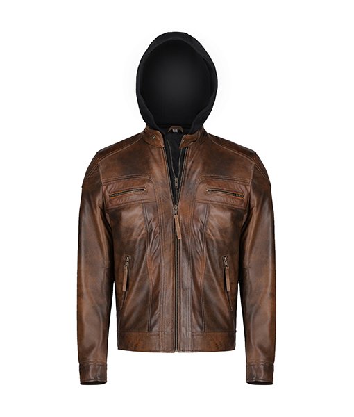 Dark Brown Leather Jacket With Hood