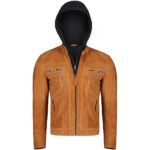Mens light Brown Leather Jacket With Hood