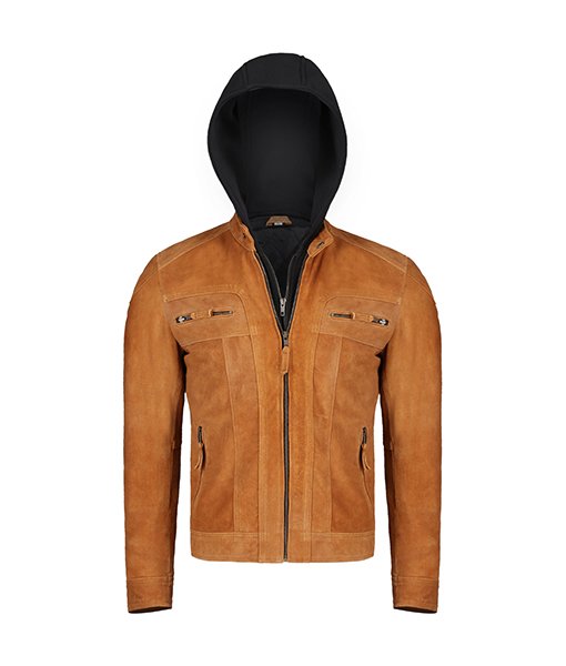 Stylish light brown hooded leather jacket