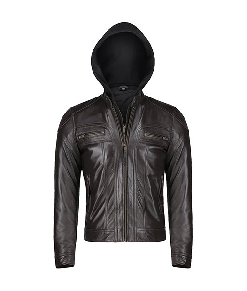 Slim Fit Brown Leather Jacket With Hood