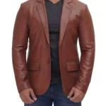 Mens Two Button Tan Leather Blazer - Notch Lapel