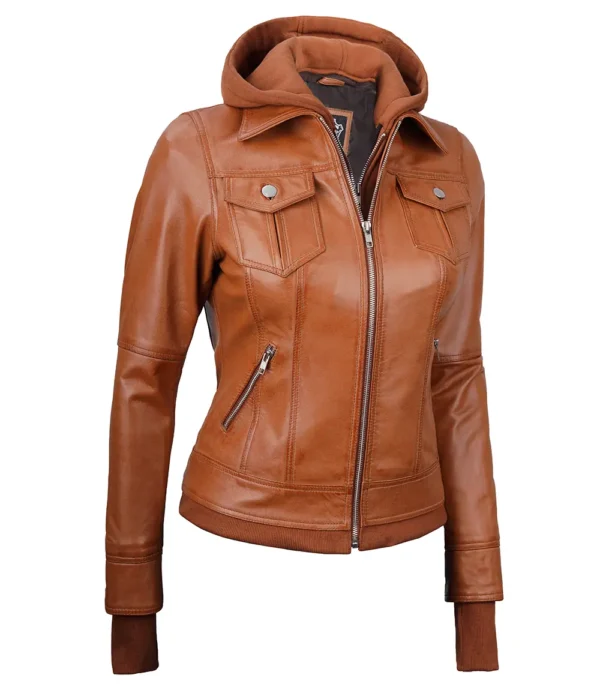 Womens Tan Waxed Bomber Detachable Hood Leather Jacket