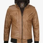Mens Stylish Camel Brown Leather Bomber Jacket – Removable Hood