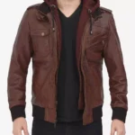 Mens Tall Fit Dark Brown Leather Bomber Jacket – Hooded & Removable