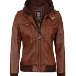 Womens Cognac Brown Leather Bomber Jacket With Removable Hood