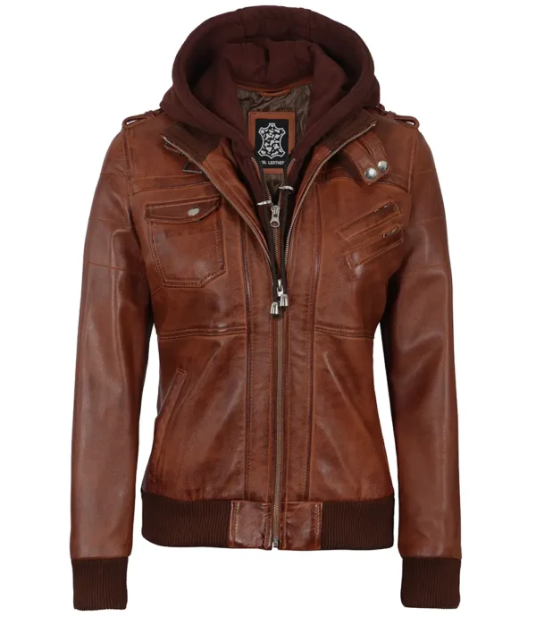 Cognac Brown Leather Bomber Jacket