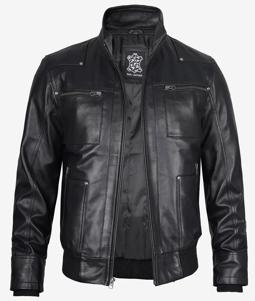 Black Leather Bomber Jacket for Men
