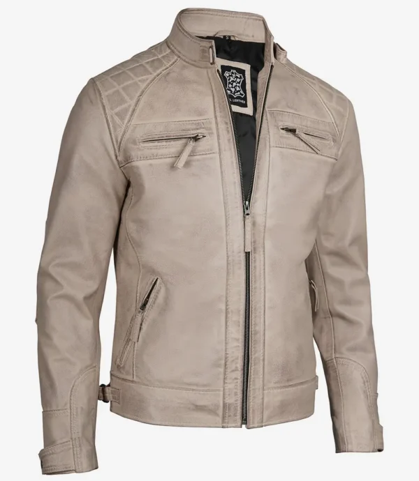 Men's beige leather café racer jacket