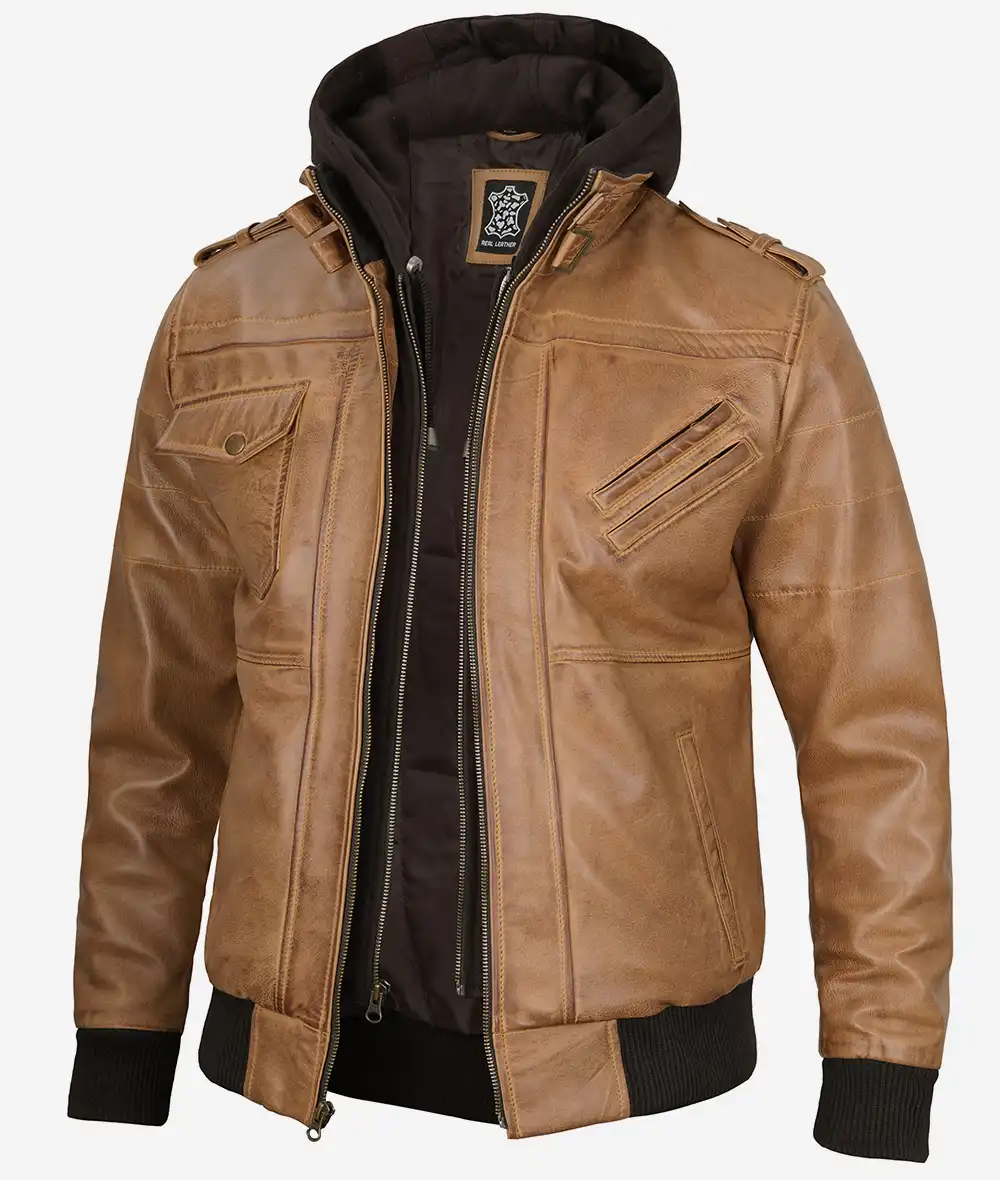 Camel Brown Leather Bomber Jacket