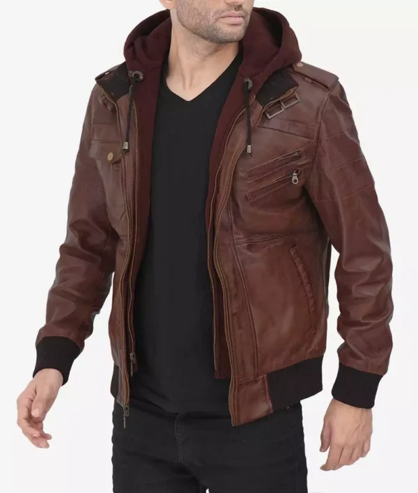 Men's dark brown leather bomber jacket
