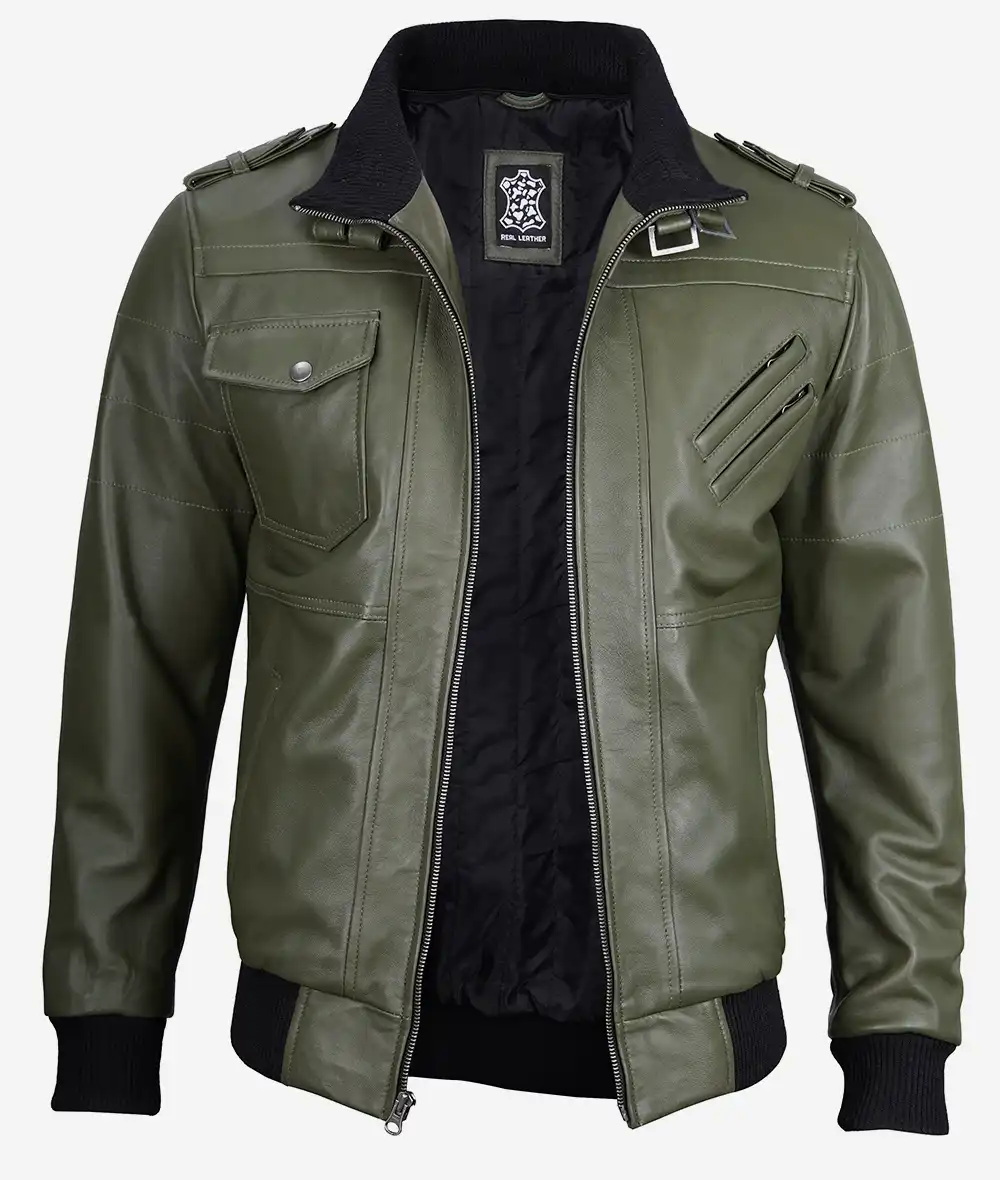 Green Hooded Leather Bomber Jacket