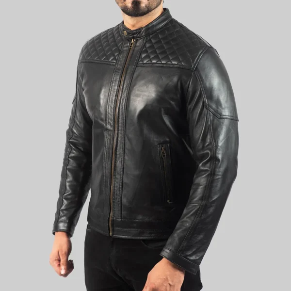 Cowhide black quilted biker leather jacket