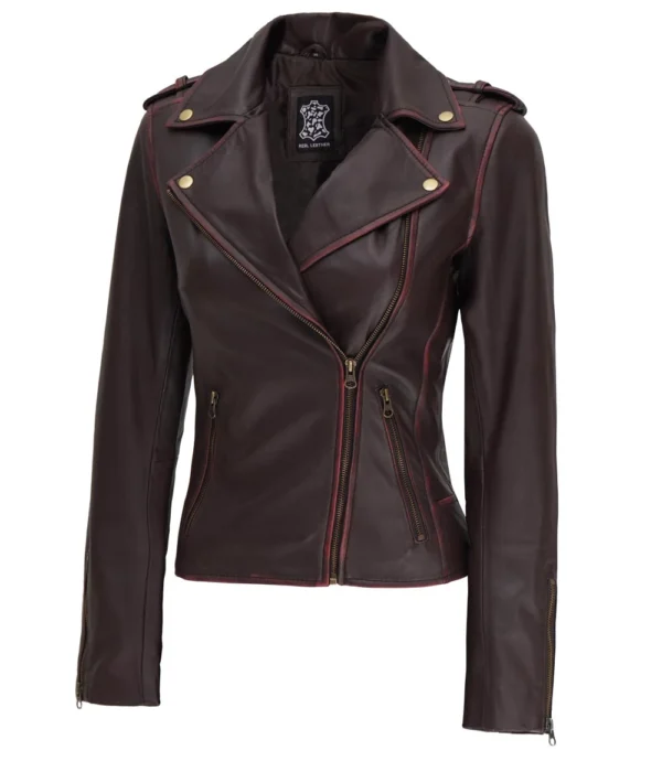 Womens Asymmetrical Moto Jacket Brown Leather Edition - Image 2