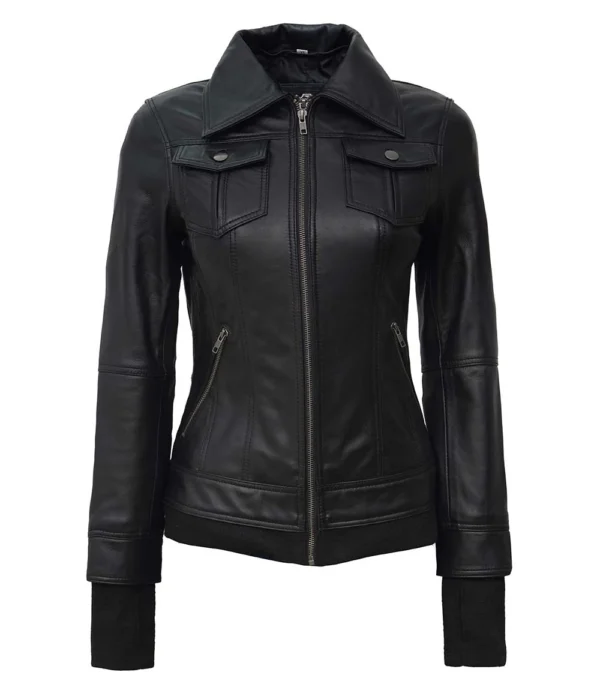 Tralee Black Leather Bomber Jacket With Hood - Image 3