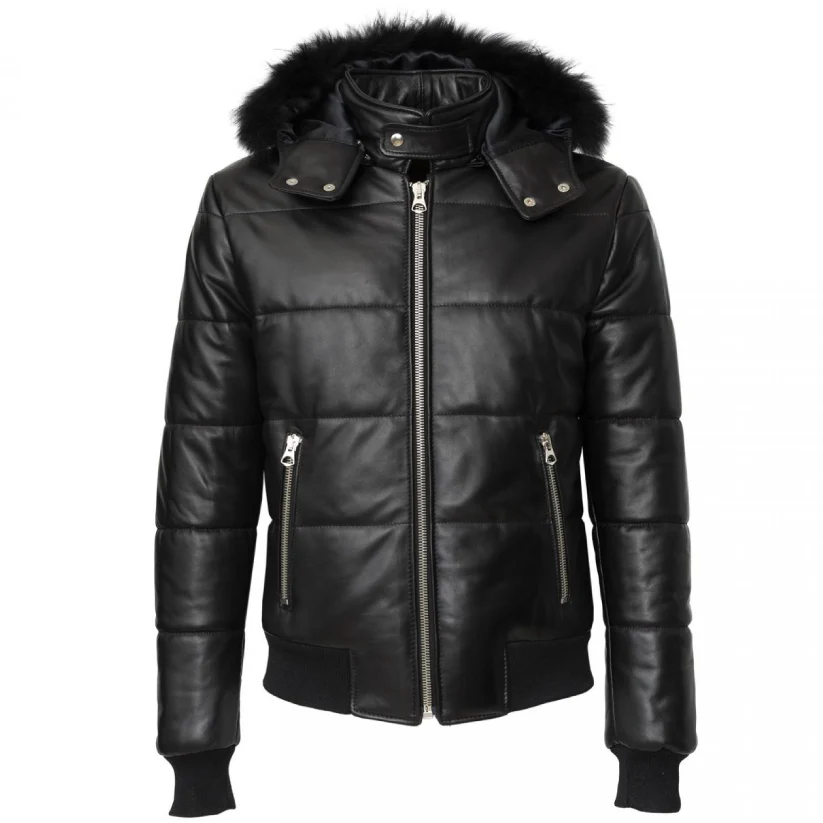 Lack Leather Winter Puffer Jacket Hood and Fur