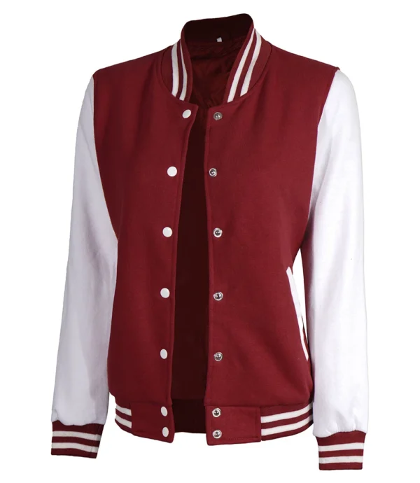 Womens Maroon White Sleeves Varsity Jacket