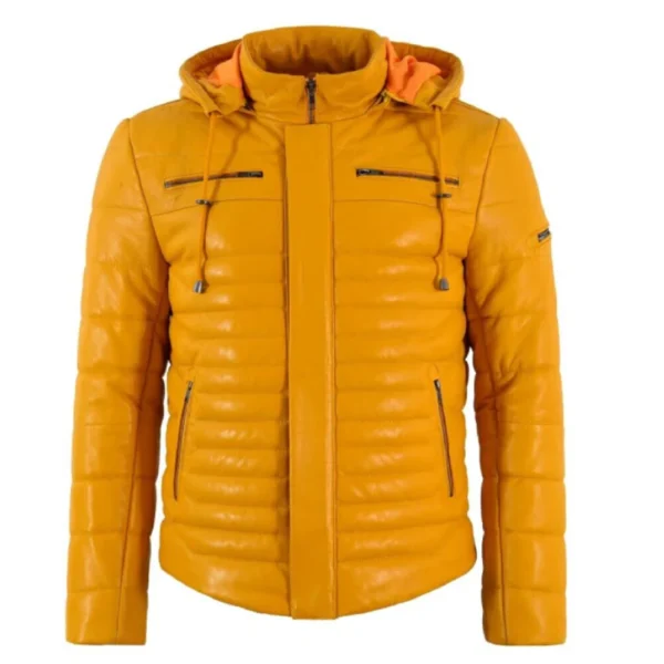 Men's Puffer Hooded Real Leather Jacket