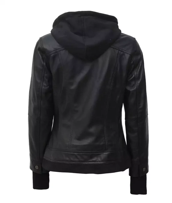 Women Tall Black Leather Jacket With Removable Hood