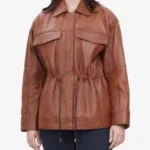 Womens Cognac Oversized Leather Trucker Jacket