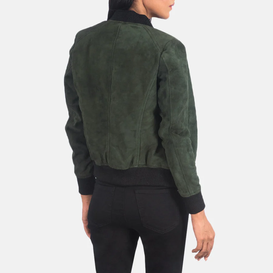 Women Green Suede Bomber Jacket