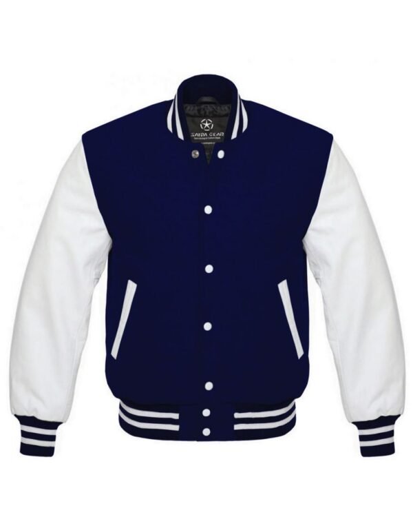 Mens Navy Blue And White Varsity Jacket