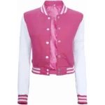 Women Pink And White Cropped Varsity Jacket