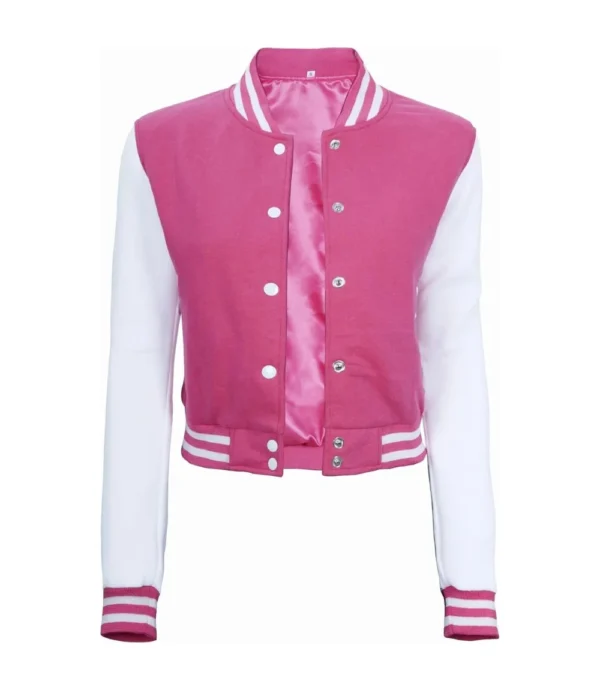 Women Pink And White Cropped Varsity Jacket