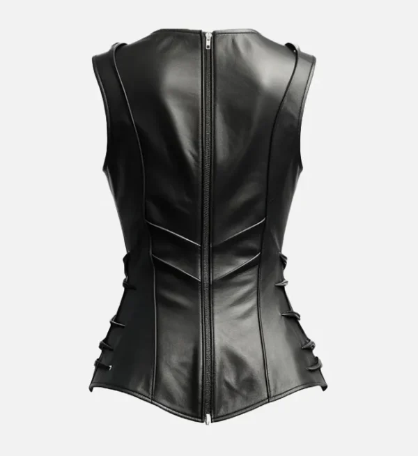 Women Retro Black Leather Biker Vest