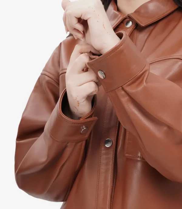 Womens Long Cognac Oversized Leather Jacket