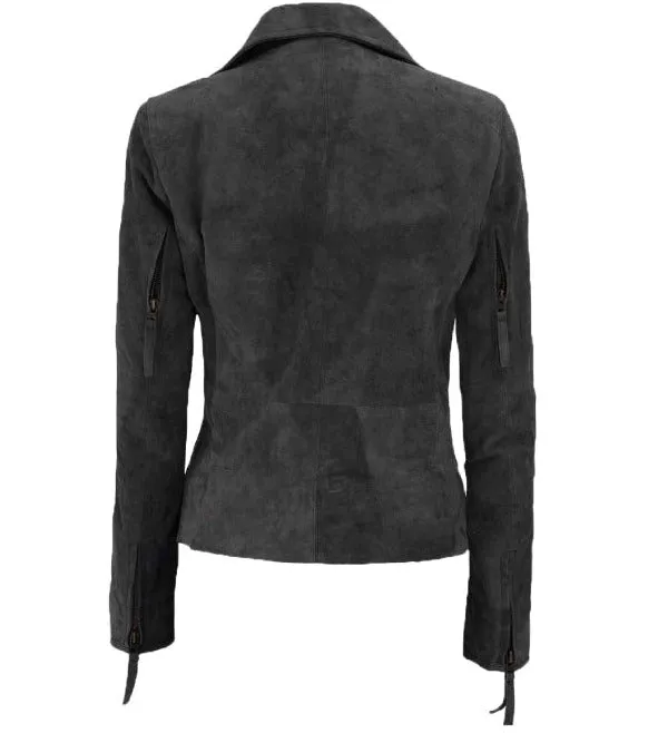 Women Grey Suede Leather Biker Jacket