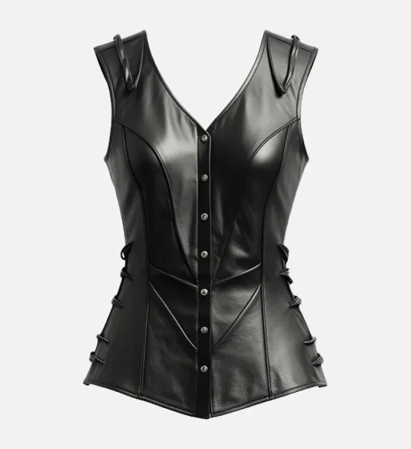 Women Retro Black Leather Biker Vest