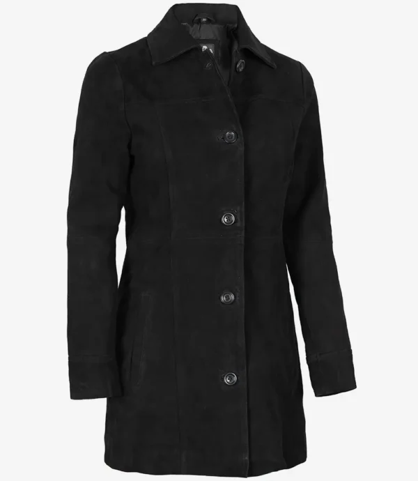 Womens Black Suede Button Down Coat