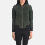 Women Green Suede Bomber Jacket