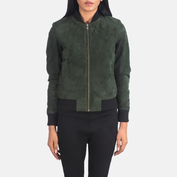 Women Green Suede Bomber Jacket