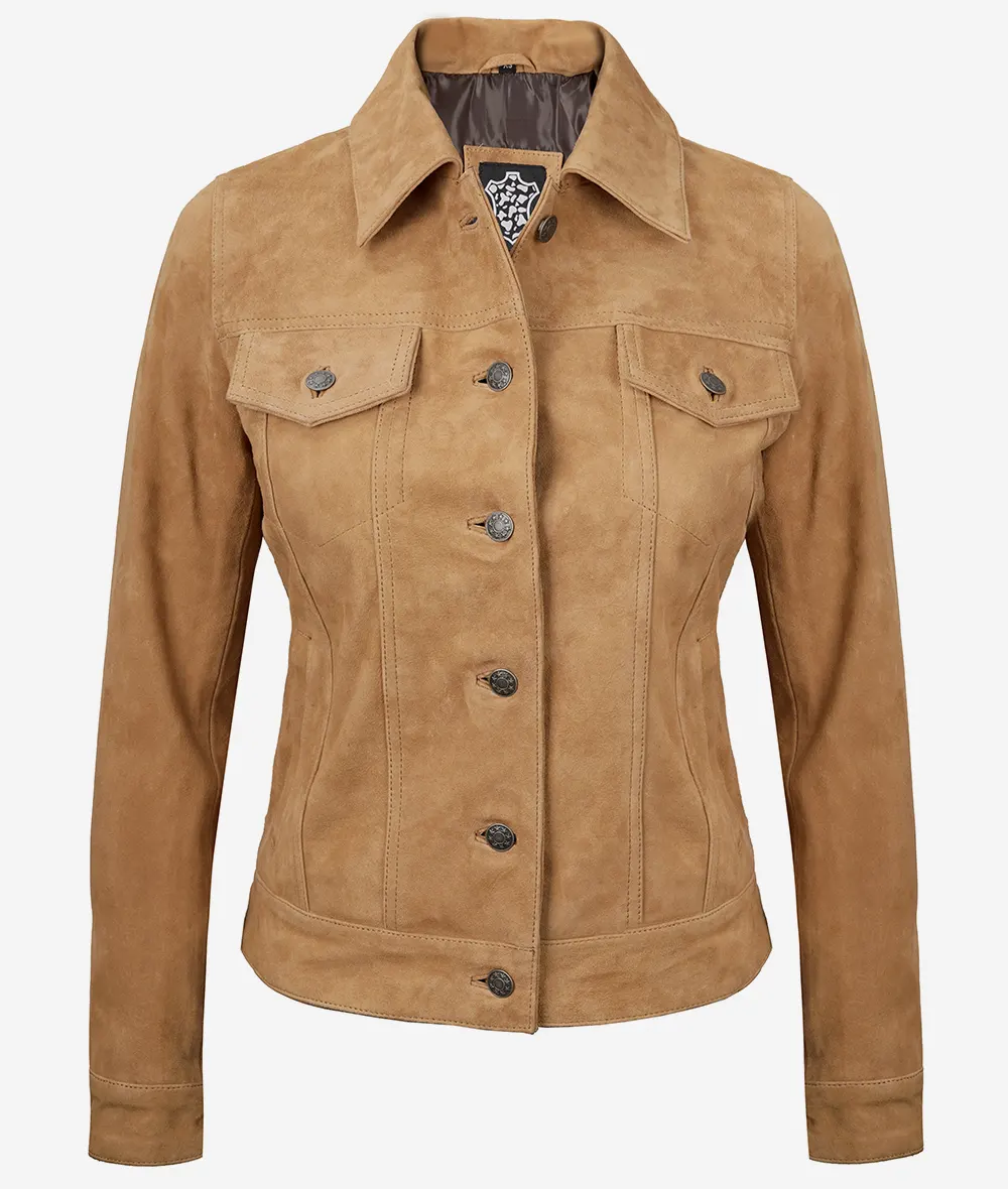 Women Light Brown Suede Trucker Jacket