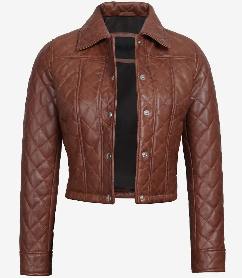 Women's Brown Quilted Cropped Leather Jacket