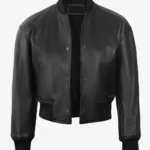 Womens Black Cropped Leather Bomber Jacket