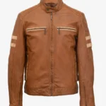 Brown Leather Jacket Tan with Classic Cafe Racer Design