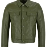 Mens Olive Green Leather Trucker Jacket