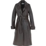 Brown Longline Womens Leather Coat with Waist Tie