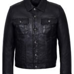 Travis Mens Black Modern Leather Trucker Jacket