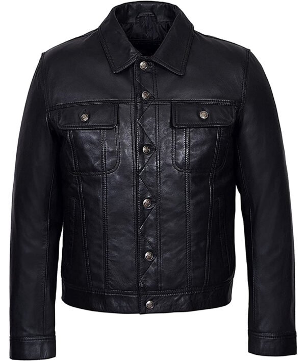 Travis Mens Black Modern Leather Trucker Jacket